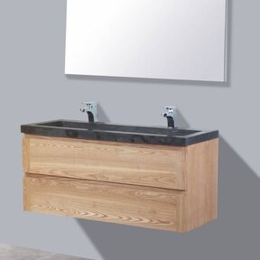 Badkamermeubelset Wood Stone 120x47x50cm natuurstenen wastafelblad kraangaten optioneel (0-2) incl. Spiegel 120cm