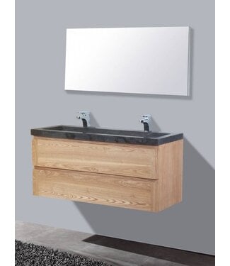 SANI-SUPPLY Badkamermeubelset Wood Stone 120x47x50cm natuurstenen wastafelblad kraangaten optioneel (0-2) incl. Spiegel 120cm