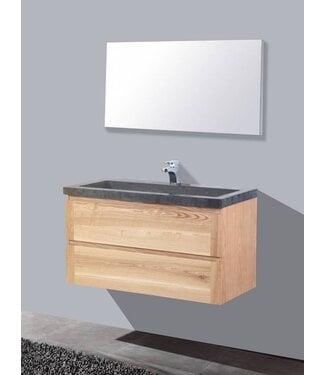 SANI-SUPPLY Badkamermeubelset Wood Stone 100x47x50cm natuurstenen wastafelblad kraangaten optioneel (0-1-2) incl. Spiegel 100cm