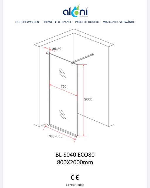 Inloopdouche Eco 80x200cm Antikalk Helder Glas Chroom Profiel 8mm Omkeerbaar Veiligheidsglas Nanocoating Aloni