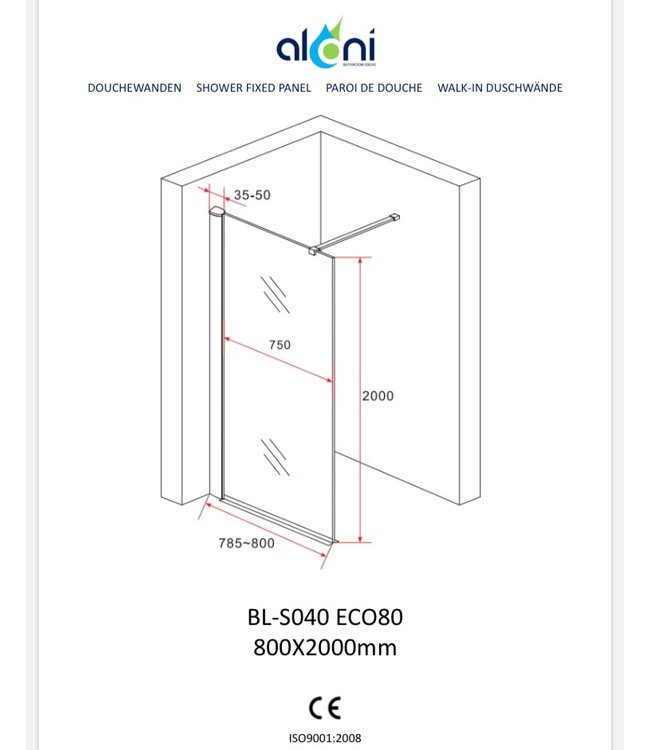 Inloopdouche Eco 90x200cm Antikalk Helder Glas Chroom Profiel 8mm Aloni Omkeerbaar Veiligheidsglas Nanocoating