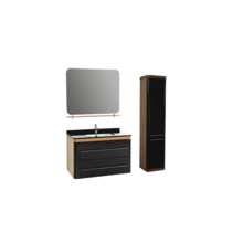 Badkamermeubel Set Piano Lux 100cm Zwart-Bruin met Graniete wastafel met overloop 1 kraangat Kolomkast en spiegel
