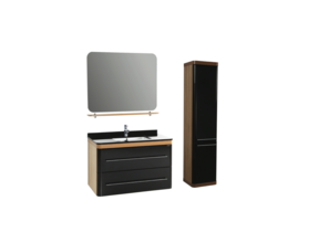 Badkamermeubel Set Piano Lux 100cm Zwart-Bruin met Graniete wastafel met overloop 1 kraangat Kolomkast en spiegel