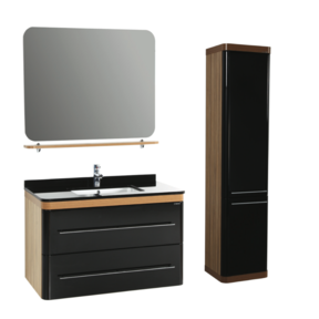 Badkamermeubel Set Piano Lux 100cm Zwart-Bruin met Graniete wastafel met overloop 1 kraangat Kolomkast en spiegel