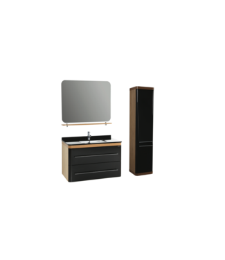 CREAVIT Badkamermeubel Set Piano Lux 100cm Zwart-Bruin met Graniete wastafel met overloop 1 kraangat Kolomkast en spiegel