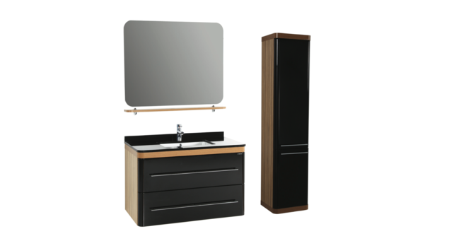 Badkamermeubel Set Piano Lux 100cm Zwart-Bruin met Graniete wastafel met overloop 1 kraangat Kolomkast en spiegel Badkamermeubel Set Piano Lux 100cm Zwart-Bruin met Graniete wastafel met overloop 1 kraangat Kolomkast en spiegel