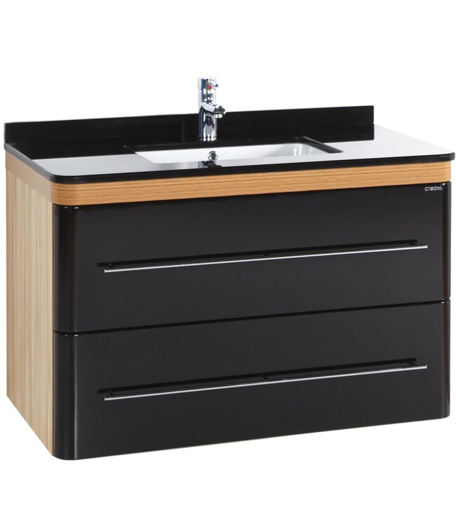 Badkamermeubel Set Piano Lux 100cm Zwart-Bruin met Graniete wastafel met overloop 1 kraangat Kolomkast en spiegel