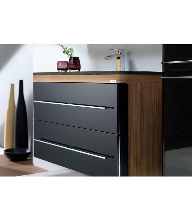 Badkamermeubel Set Piano Lux 100cm Zwart-Bruin met Graniete wastafel met overloop 1 kraangat Kolomkast en spiegel