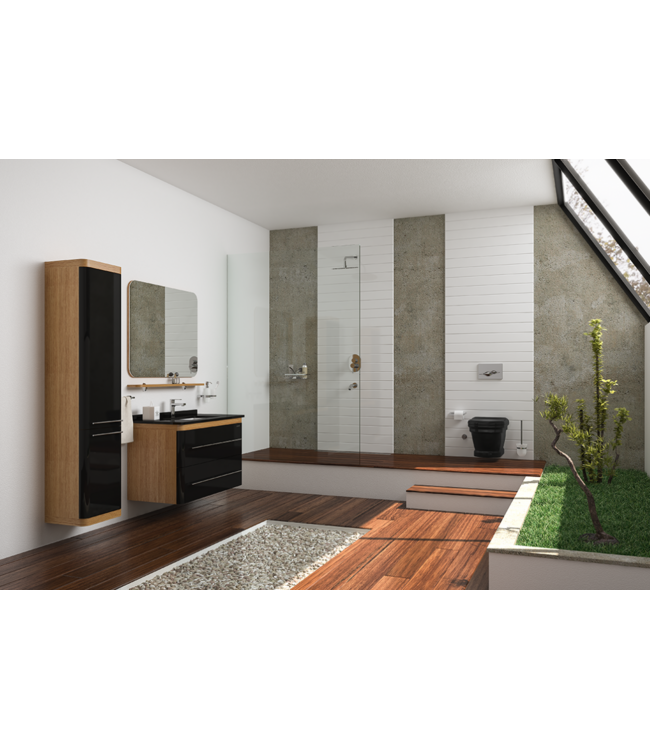 Badkamermeubel Set Piano Lux 100cm Zwart-Bruin met Graniete wastafel met overloop 1 kraangat Kolomkast en spiegel