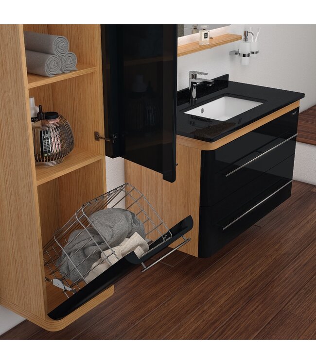 Badkamermeubel Set Piano Lux 100cm Zwart-Bruin met Graniete wastafel met overloop 1 kraangat Kolomkast en spiegel