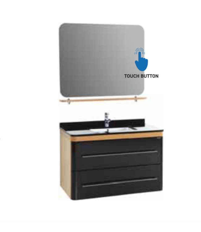 Badkamermeubel Set Piano Lux 100cm Zwart-Bruin met Graniete wastafel met overloop 1 kraangat Kolomkast en spiegel