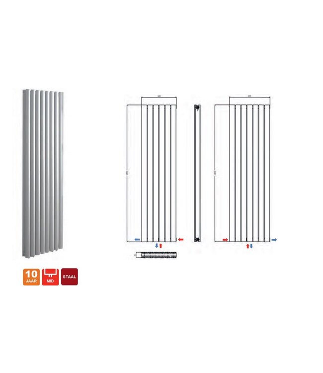 Belrad Designradiator Ovaal Verticaal Wit Dubbel 180x47,2cm 1836 Watt Ovaal Verticaal Midden aansuiting.