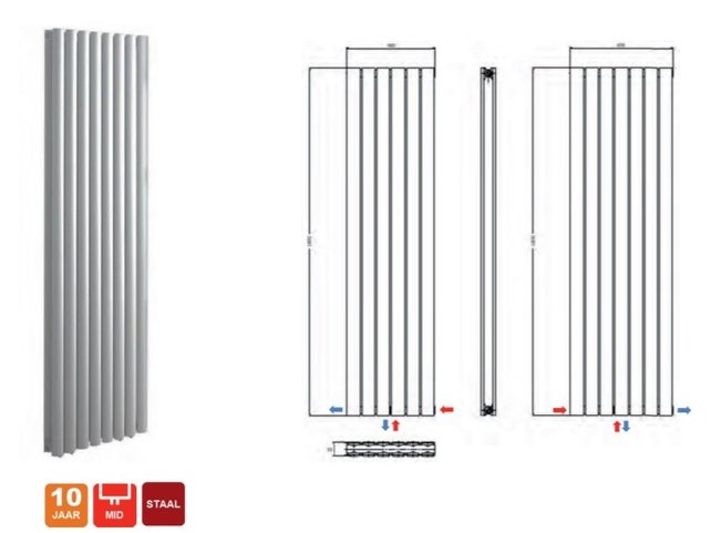 Belrad Designradiator Ovaal Verticaal Wit Dubbel 180x47,2cm 1836 Watt Ovaal Verticaal Midden aansuiting.