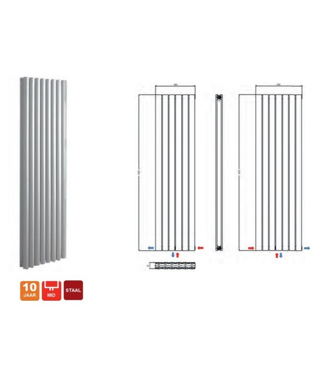 Belrad Designradiator Ovaal Verticaal Wit Dubbel 180x47,2cm 1836 Watt Ovaal Verticaal Midden aansuiting.