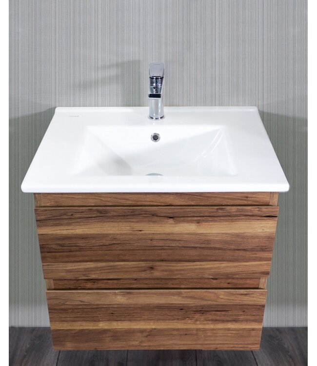 Creavit Sally badkamermeubel Garda Walnoot 60cm met keramische wastafel 2 lades Softclose