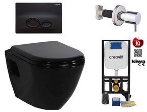 Hangtoilet set Glans zwart met Bidet Creavit tp325 zwart Inbouwreservoir, bidetkraan en bedieningspaneel zwart toiletbril softclose.