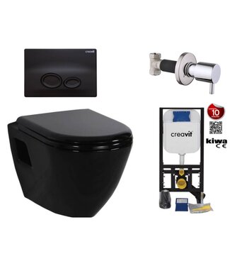 CREAVIT Hangtoilet set Glans zwart met Bidet Creavit tp325 zwart Inbouwreservoir, bidetkraan en bedieningspaneel zwart toiletbril softclose.