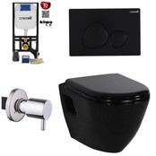 Hangtoilet set Glans zwart met Bidet Creavit tp325 zwart Inbouwreservoir, bidetkraan en bedieningspaneel zwart toiletbril softclose.