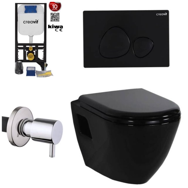 Hangtoilet set Glans zwart met Bidet Creavit tp325 zwart Inbouwreservoir, bidetkraan en bedieningspaneel zwart toiletbril softclose.