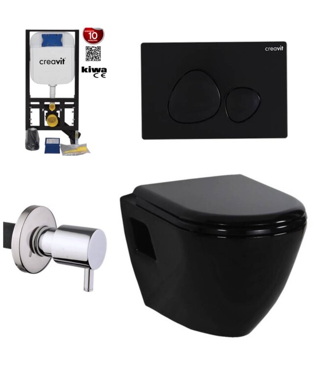 Hangtoilet set Glans zwart met Bidet Creavit tp325 zwart Inbouwreservoir, bidetkraan en bedieningspaneel zwart toiletbril softclose.