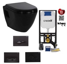 Hangtoilet set Glans Zwart Creavit tp325 zwart Inbouwreservoir, bidetkraan en bedieningspaneel zwart toiletbril softclose.