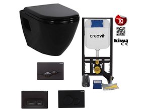 Hangtoilet set Glans Zwart Creavit tp325 zwart Inbouwreservoir, bidetkraan en bedieningspaneel zwart toiletbril softclose.