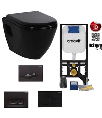 CREAVIT Hangtoilet set Glans Zwart Creavit tp325 zwart Inbouwreservoir, bidetkraan en bedieningspaneel zwart toiletbril softclose.