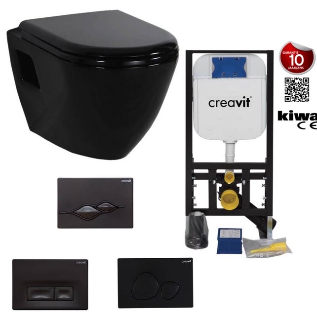 Hangtoilet set Glans Zwart Creavit tp325 zwart Inbouwreservoir, bidetkraan en bedieningspaneel zwart toiletbril softclose.