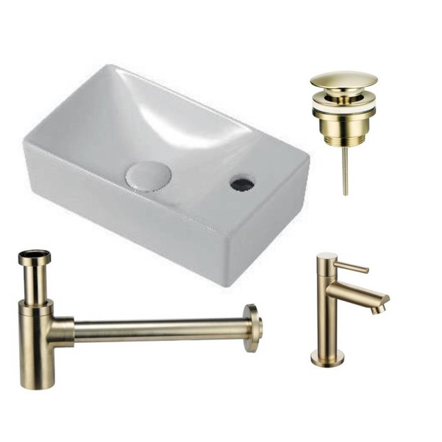 Fonteinset Wit Rechts - Links Kraangat Creavit Wit - Goud Fonteinkraan Sifon ClickWaste