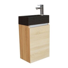 Toiletmeubel Trendline Stone Light Wood 40x52x22cm Kraangat Rechts MDF Rechtsdraaiend Softclose Greeploos Natuurstenen Wasbak
