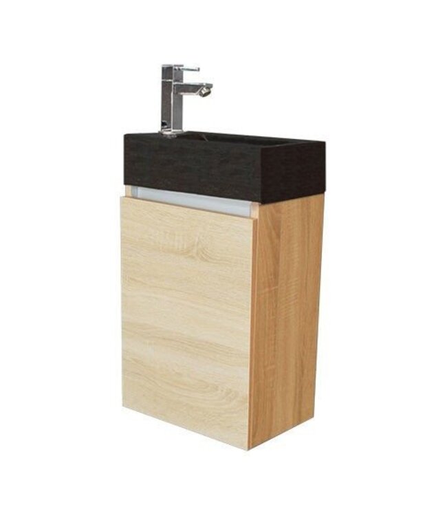 Toiletmeubel Trendline Stone Light Wood 40x52x22cm Kraangat Rechts MDF Rechtsdraaiend Softclose Greeploos Natuurstenen Wasbak