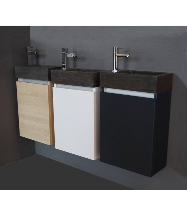 SANI-SUPPLY Toiletmeubel Trendline Stone Light Wood 40x52x22cm Kraangat Rechts MDF Rechtsdraaiend Softclose Greeploos Natuurstenen Wasbak