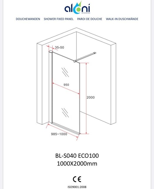 Inloopdouche 100x200cm Antikalk Helder Glas Aloni Eco Antikalk Omkeerbaar Helderglas 8mm Veiligheidsglas Nanocoating Chroom Profiel