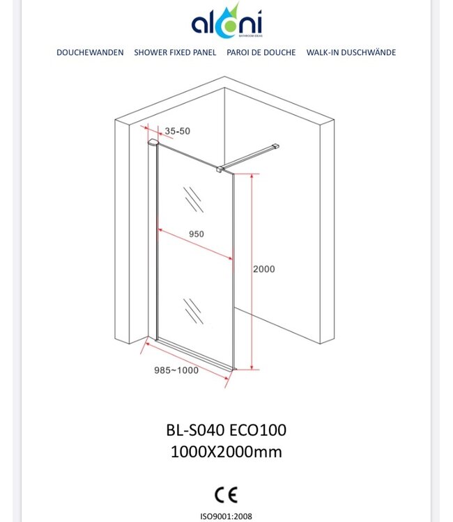 Inloopdouche 100x200cm Antikalk Helder Glas Aloni Eco Antikalk Omkeerbaar Helderglas 8mm Veiligheidsglas Nanocoating Chroom Profiel