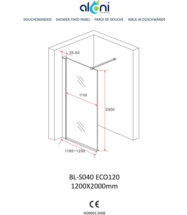 Inloopdouche 120x200cm Antikalk Helder Glas Aloni Eco Antikalk Omkeerbaar Helderglas 8mm Veiligheidsglas Nanocoating Chroom Profiel