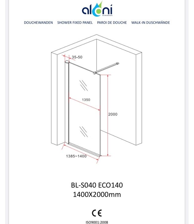 Inloopdouche 140x200cm Antikalk Helder Glas Aloni Eco Antikalk Omkeerbaar Helderglas 8mm Veiligheidsglas Nanocoating Chroom Profiel