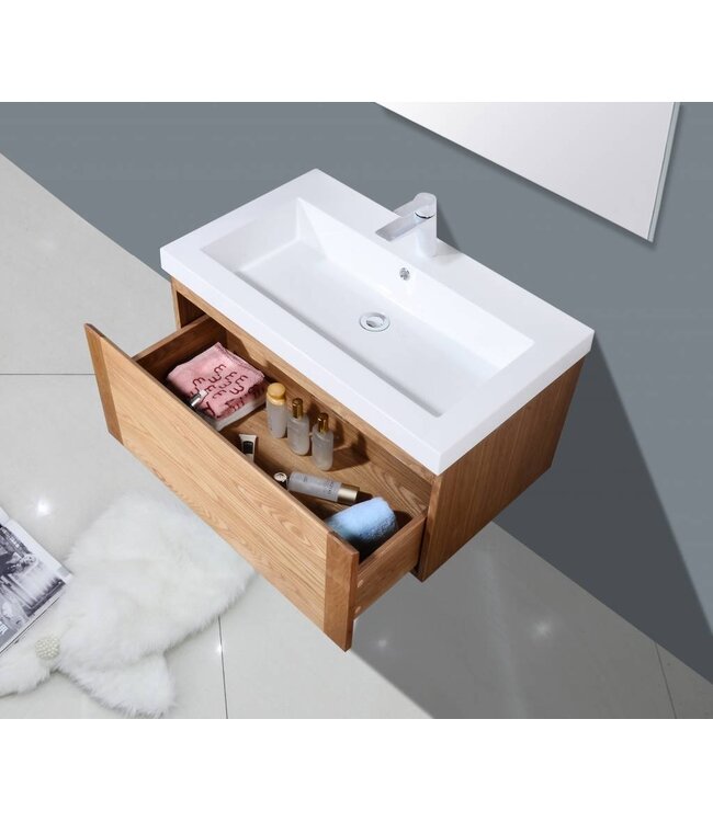 SANI-SUPPLY Badkamermeubelset 80cm Sanipro Vision Trend massief eiken hout met Kunstmarmer wasbak
