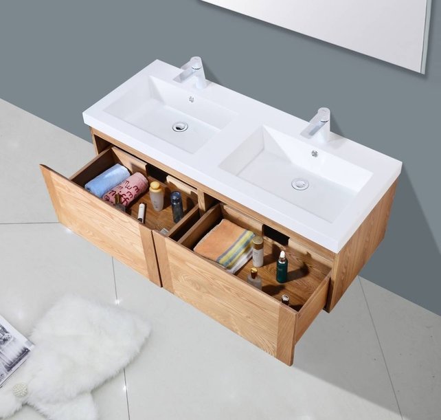 Badkamermeubelset 120cm Sanipro Vision Trend massief eiken hout met Kunstmarmer wasbak