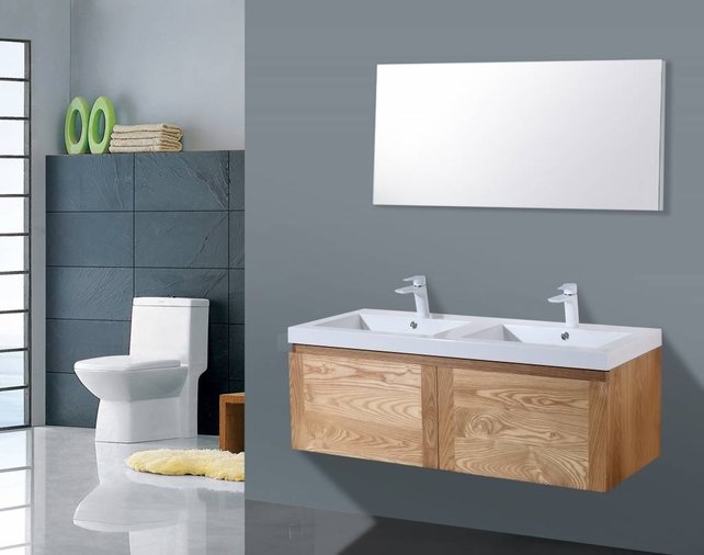 Badkamermeubelset 120cm Sanipro Vision Trend massief eiken hout met Kunstmarmer wasbak