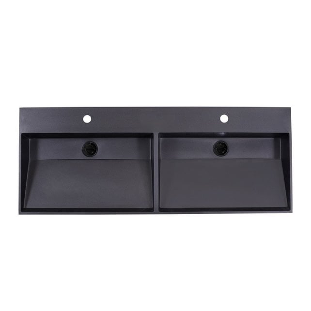 Wastafel Quartz Trend Mat Zwart 120x47x3 cm dubbele bak met 2 kraangaten met overloop