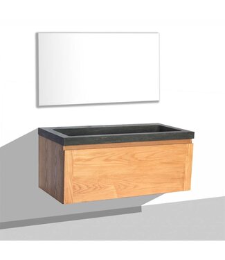 SANI-SUPPLY Badkamermeubelset 100cm met wastafel Vision Stone Sanipro massief eiken hout met natuursteen wasbak