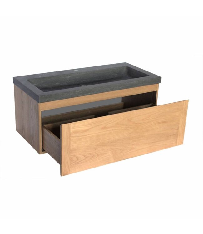 Badkamermeubelset 100cm met wastafel Vision Stone Sanipro massief eiken hout met natuursteen wasbak