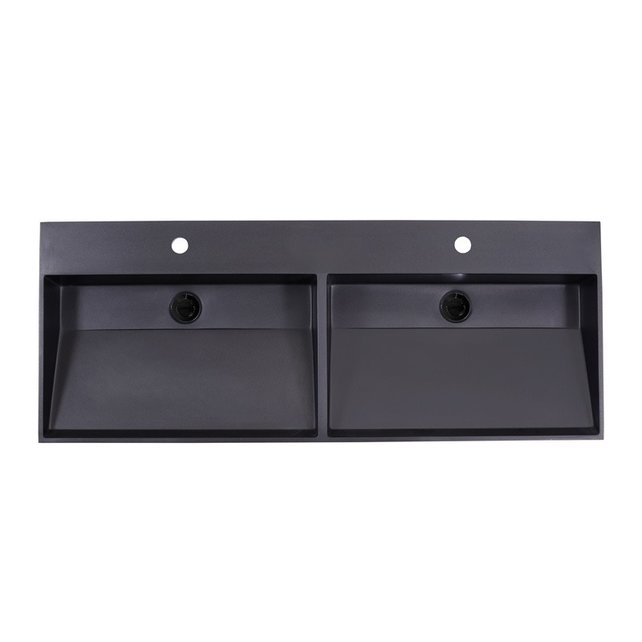 Wastafel Quartz Trend Mat Zwart 140x47x12 cm dubbele bak met 2 kraangaten en overloop