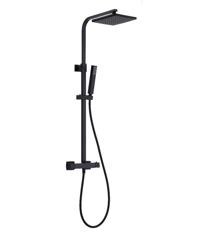 Opbouw Regendoucheset Donna Mat Zwart Vierkant Opbouw Regendouche 20cm Thermostaatkraan Glijstang Handdouche