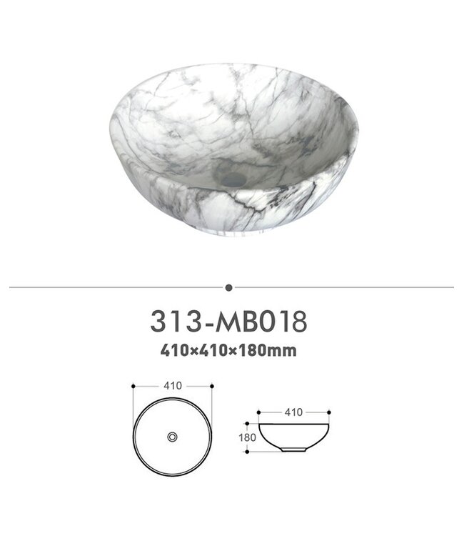 Waskom marmerlook Valencia Wit 41x41x18cm  Creavit opbouw keramisch rond