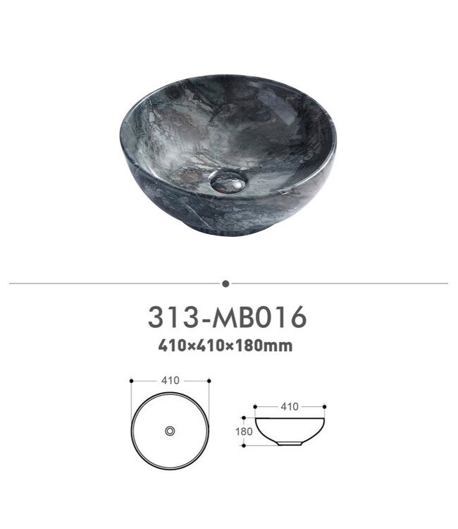 Waskom marmerlook Valencia Cobalt 41x41x18cm Creavit opbouw keramisch rond