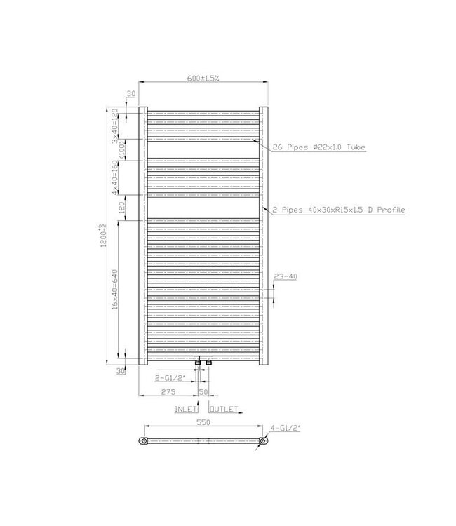 Handdoekradiator Grafiet 120x60cm 703 Watt SaniPro Lydia Midden Aansluiting - Zijaansluiting