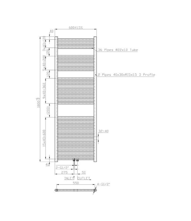 Handdoekradiator Grafiet 180x60cm 900 Watt SaniPro Lydia Midden Aansluiting - Zijaansluiting