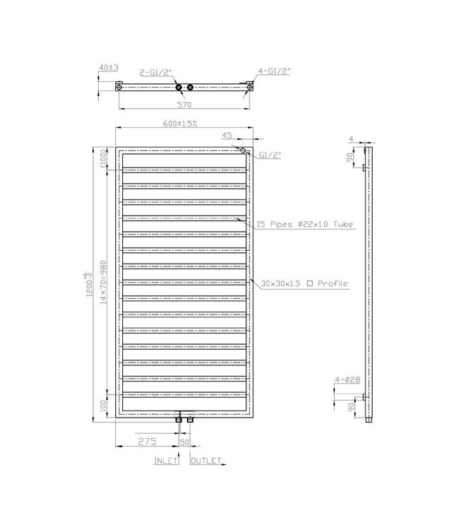 Design Handdoekradiator Wit 120x60cm 695 Watt SaniPro Bornova Midden Aansluiting