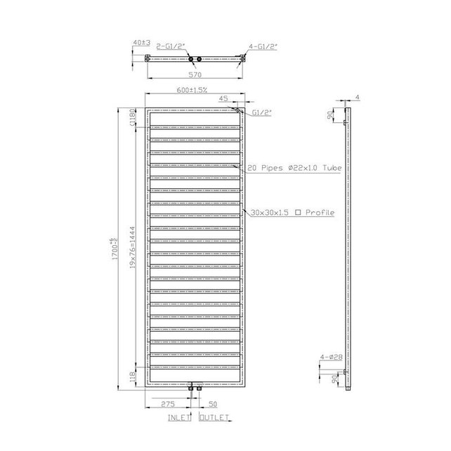 Design Handdoekradiator Antraciet 170x60cm 860 Watt SaniPro Bornova Midden Aansluiting
